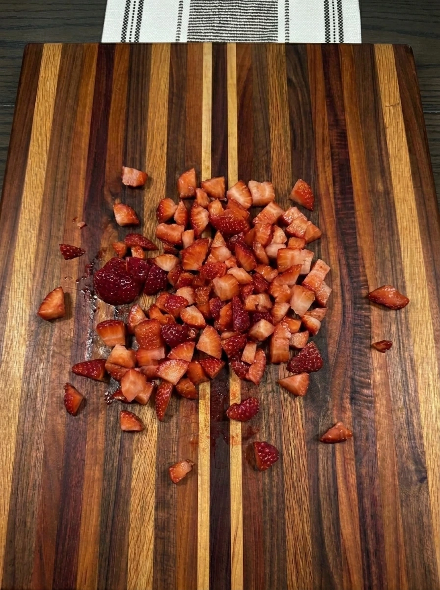 Finely diced strawberries for No Bake Cheesecake Sushi Rolls