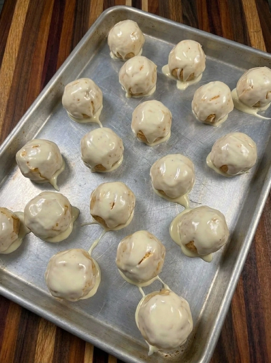 Pumpkin cheesecake balls coated with melted white chocolate