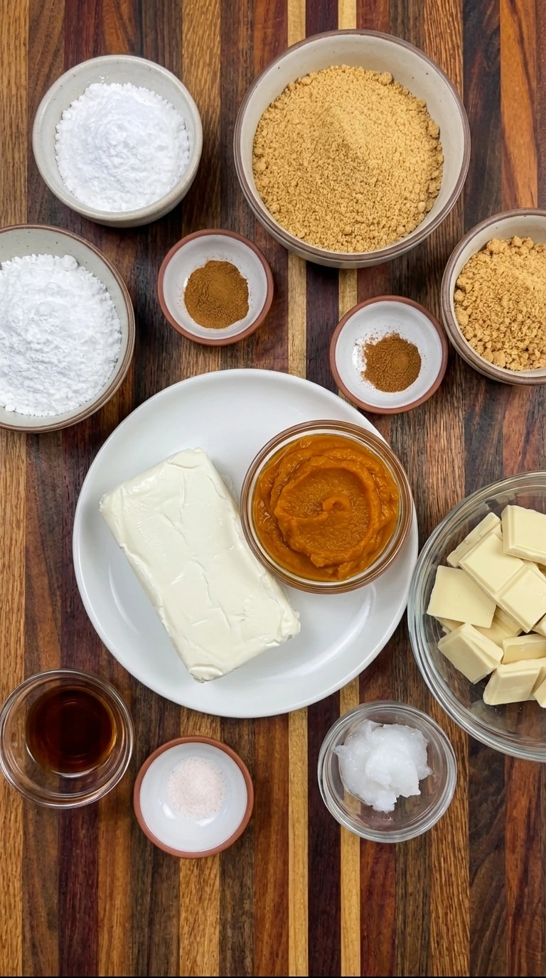 Ingredients for No Bake Pumpkin Cheesecake Balls in separate small containers