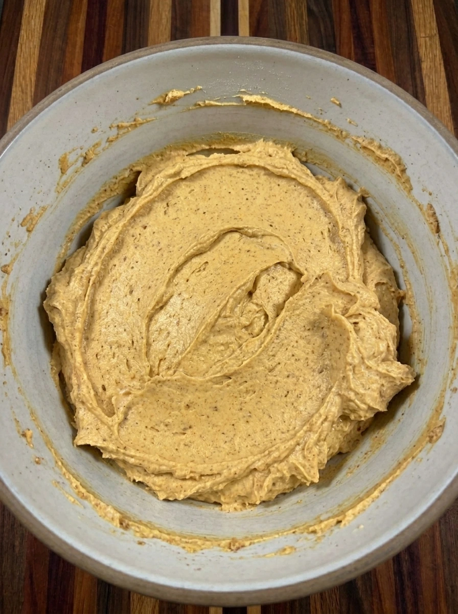 Thick pumpkin cheesecake filling mixed with graham cracker crumbs