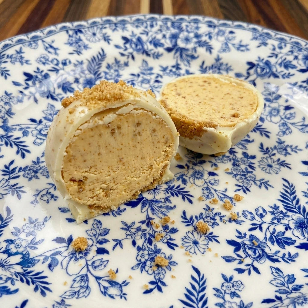 One No Bake Pumpkin Cheesecake Ball cut open to show the creamy center