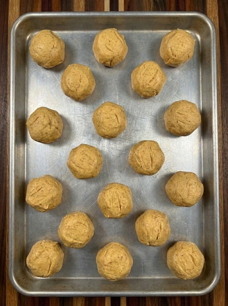 Eighteen shaped pumpkin cheesecake balls on a baking tray