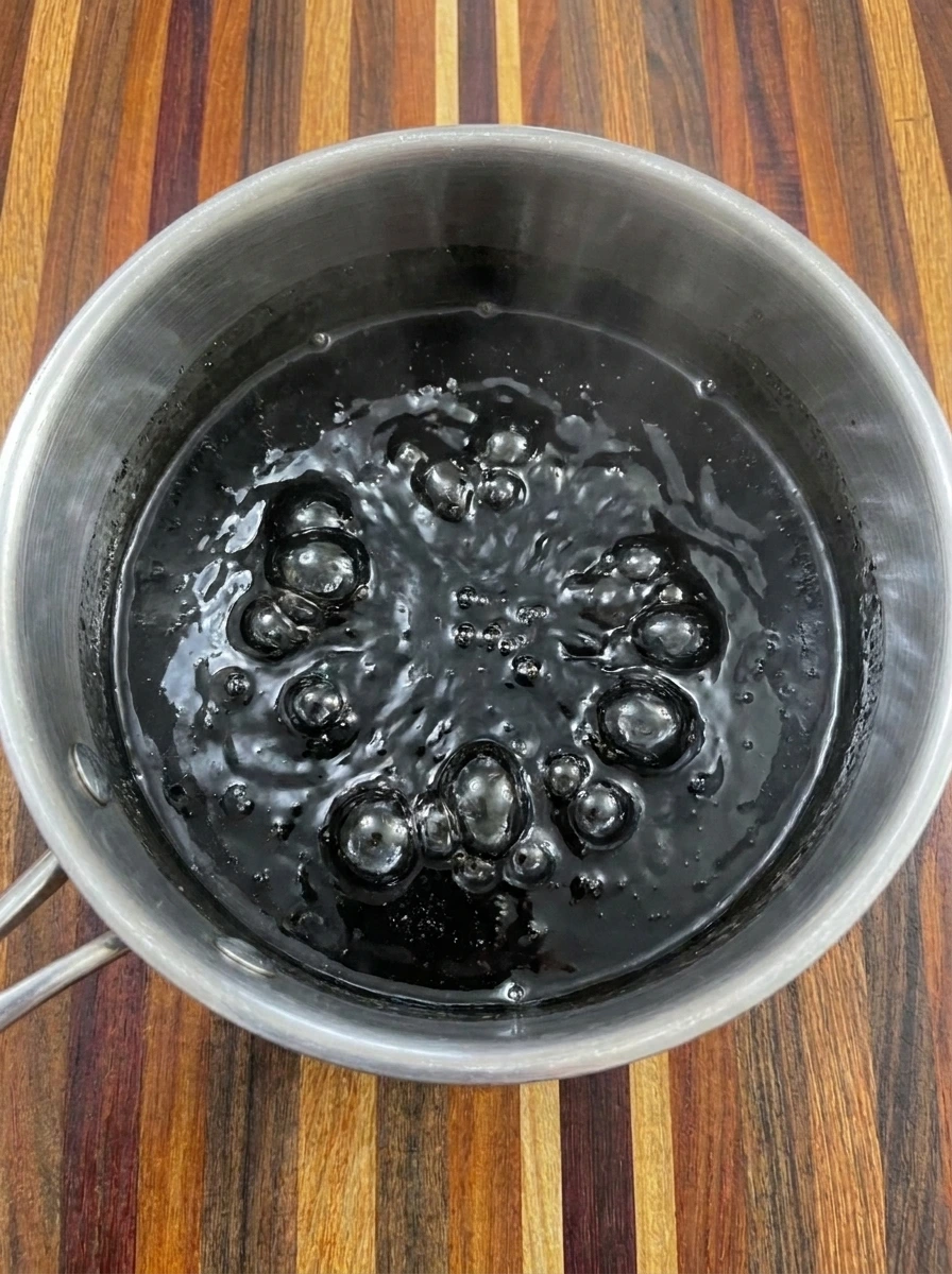 Glossy black candy syrup bubbling for Poison Apples