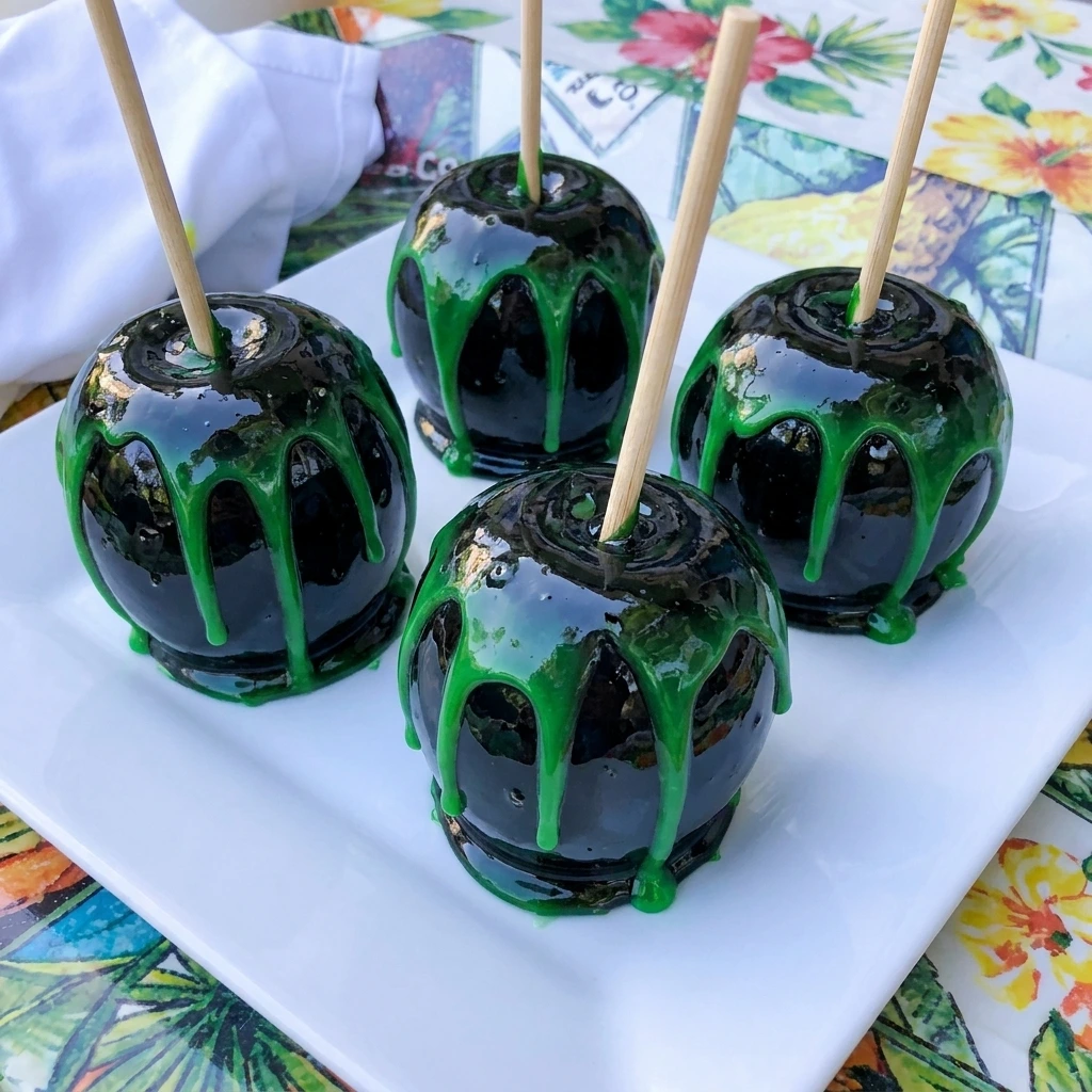 Four glossy black Poison Apples decorated with uneven green candy drips