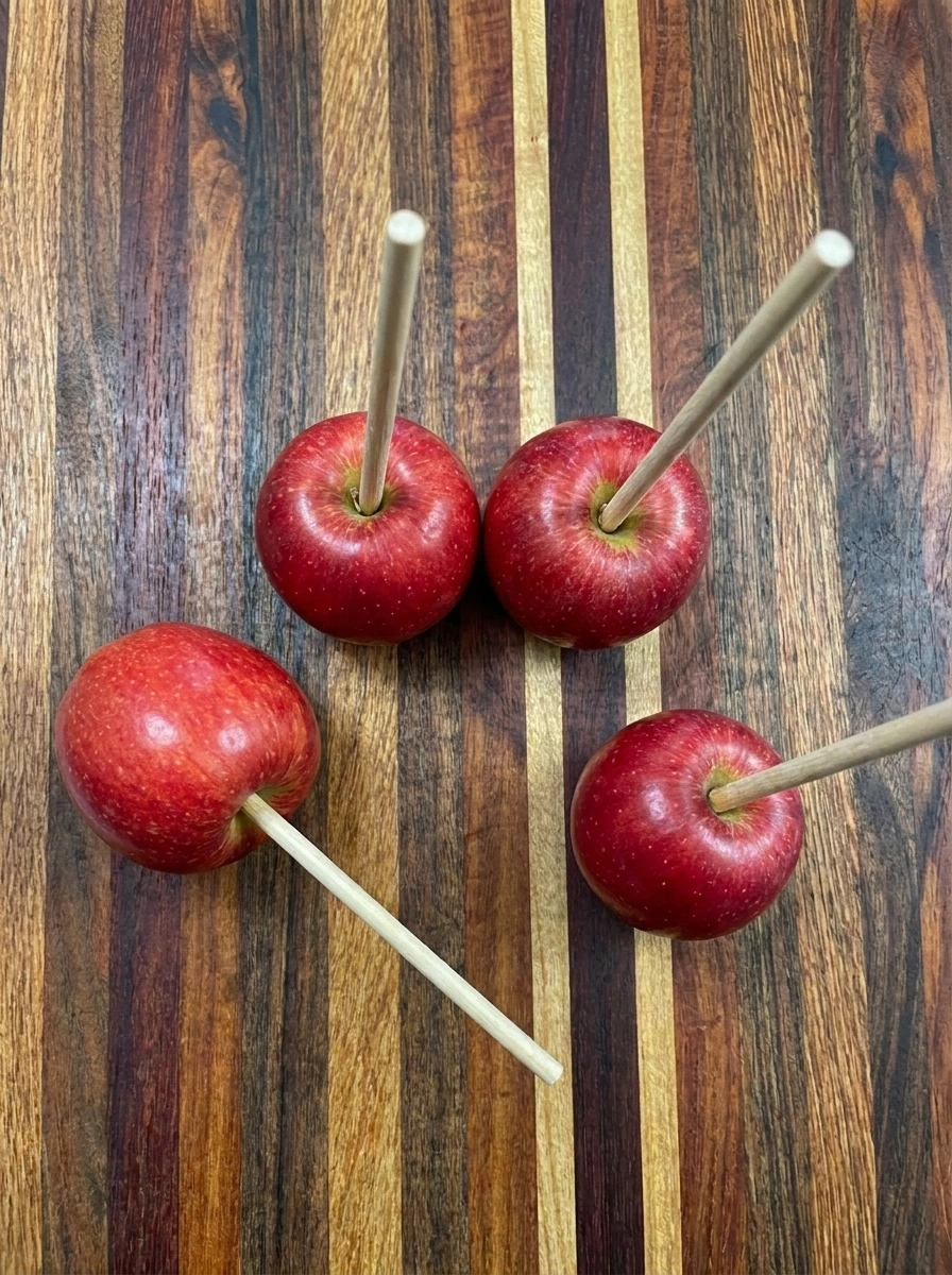 Four dried apples with wooden sticks inserted for Poison Apples