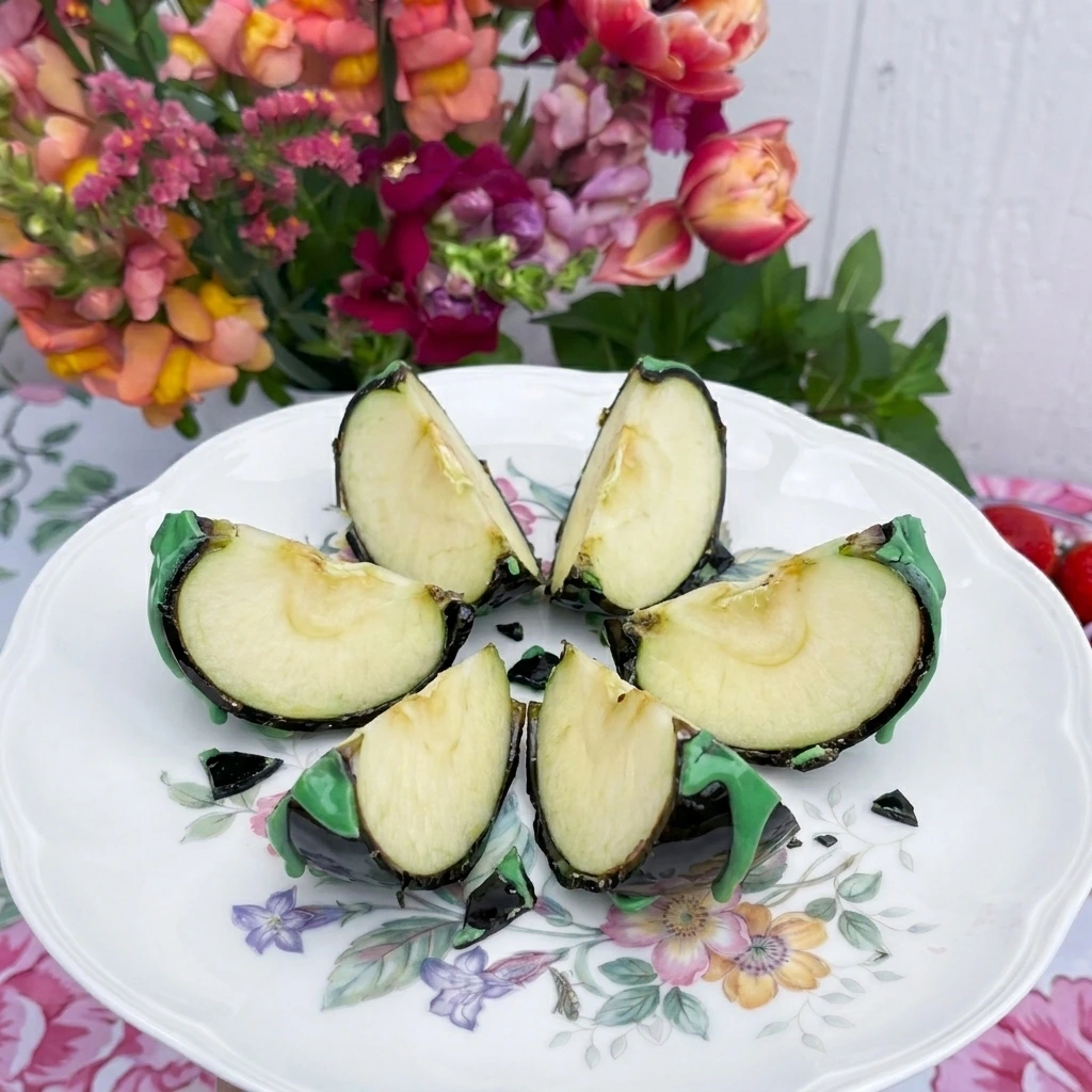 Sliced Poison Apple showing crisp fruit beneath black candy