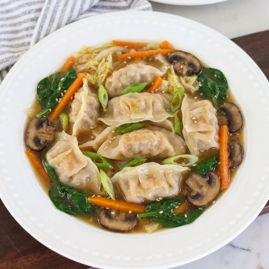Potsticker Soup with tender dumplings and vegetables in savory broth