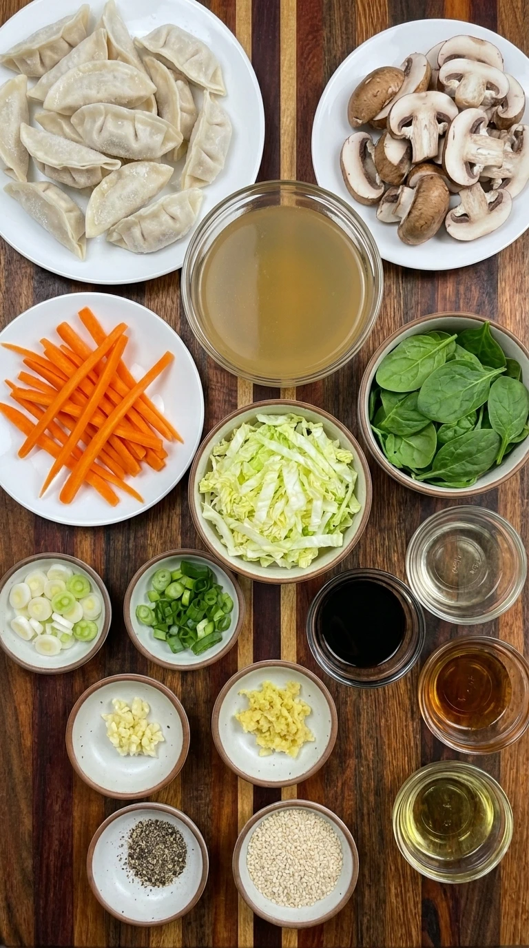 Ingredients for Potsticker Soup arranged in separate containers
