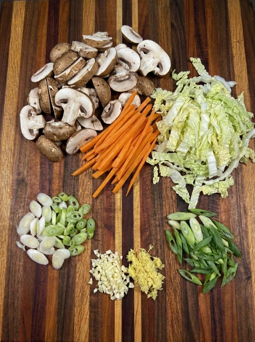 Sliced vegetables and aromatics for Potsticker Soup