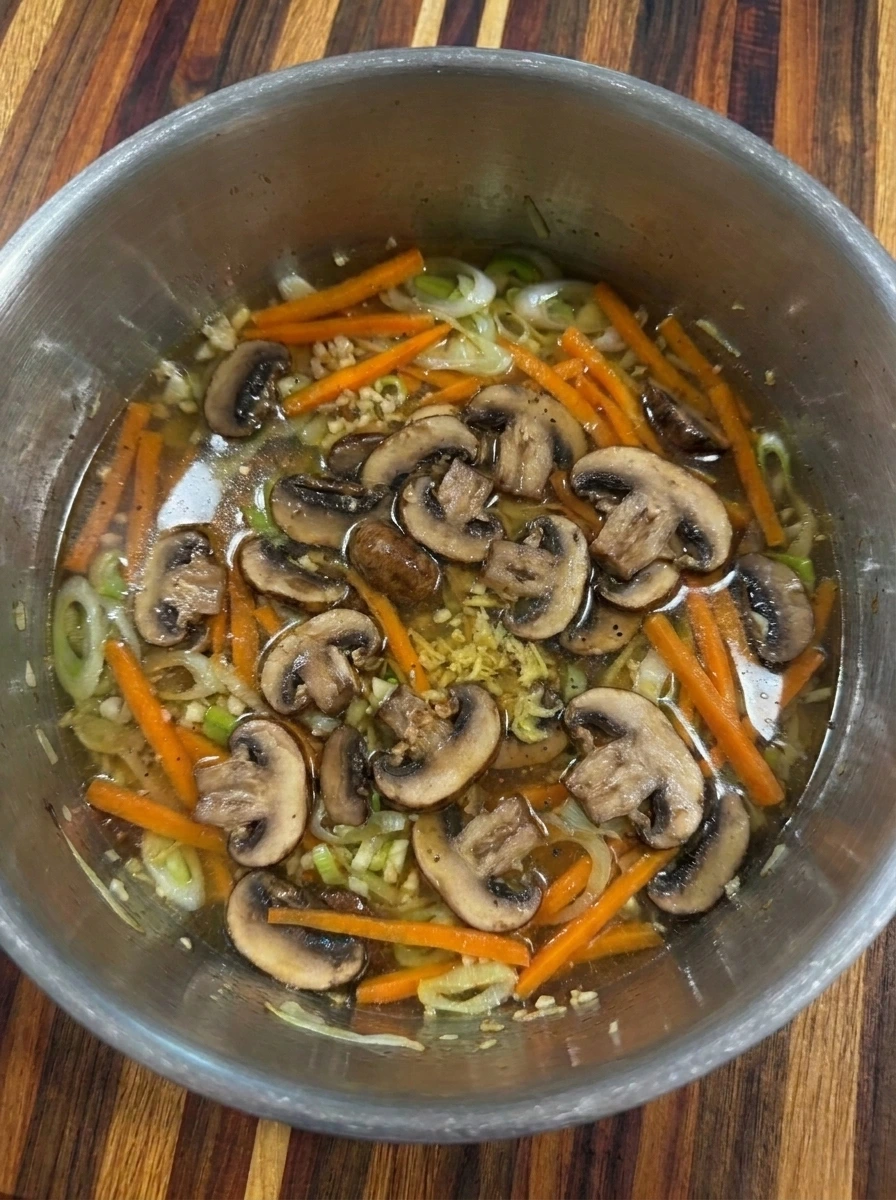 Savory broth with mushrooms and carrots for Potsticker Soup