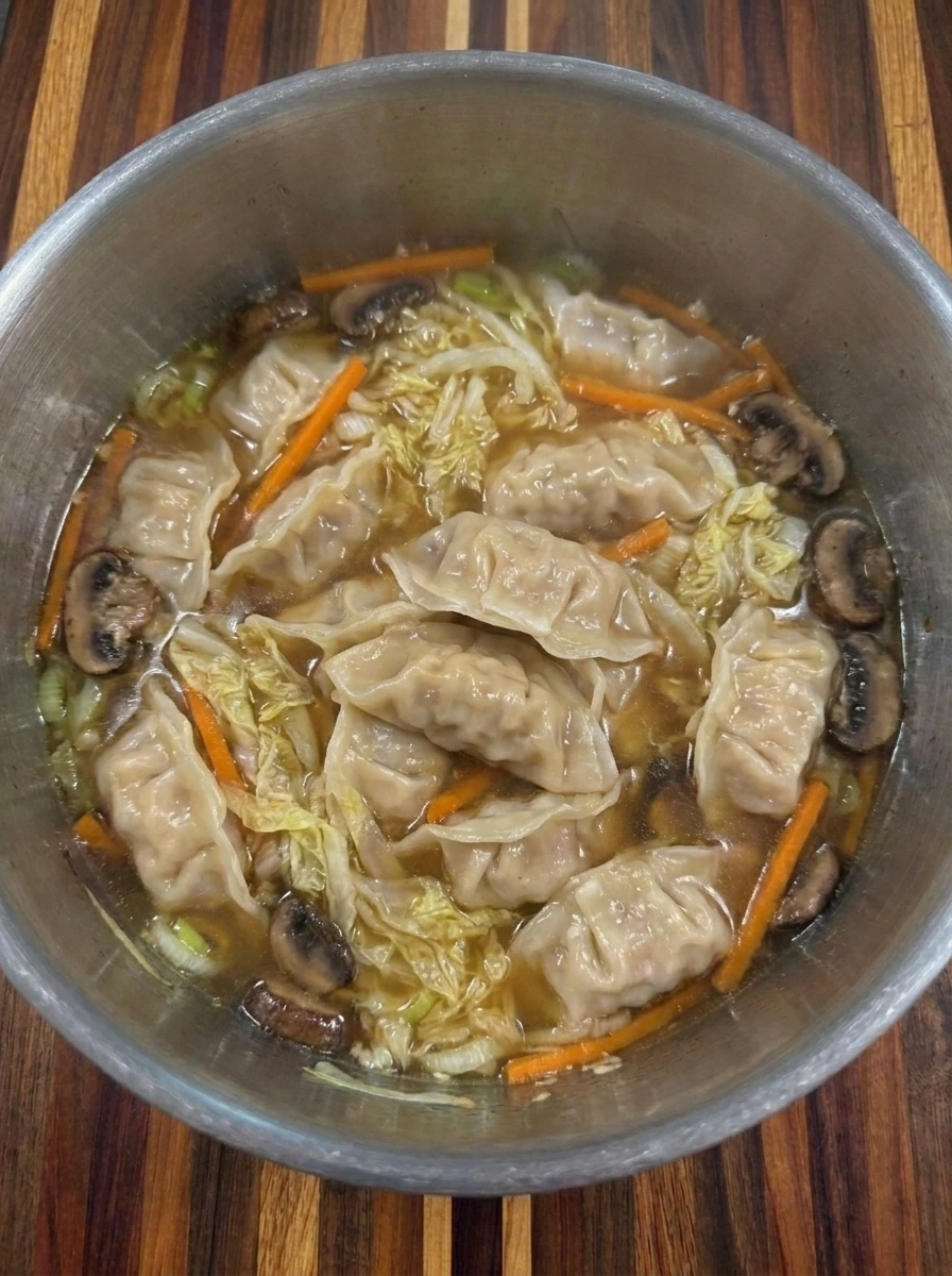 Potstickers simmering with cabbage in Potsticker Soup