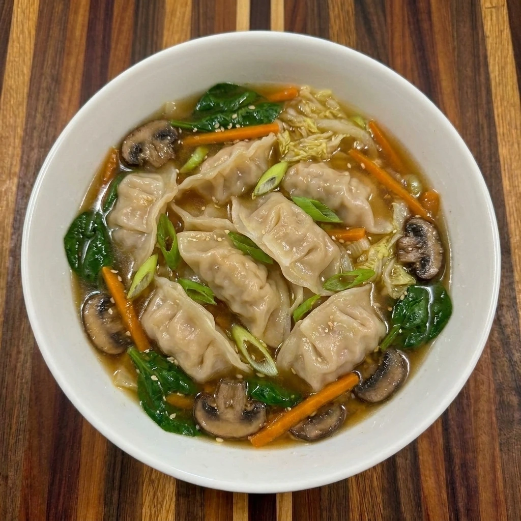 Single serving of finished Potsticker Soup