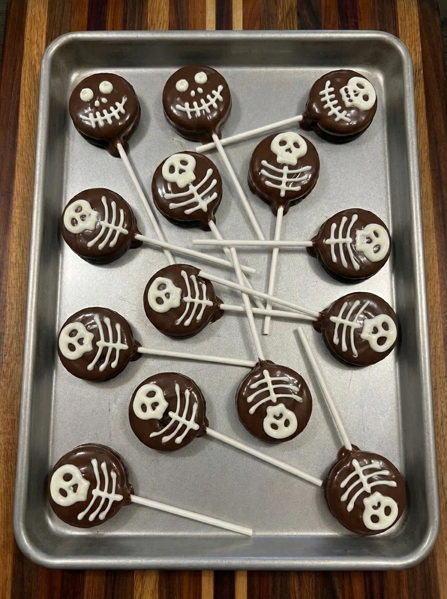 White skeleton details piped onto twelve dark cookie pops