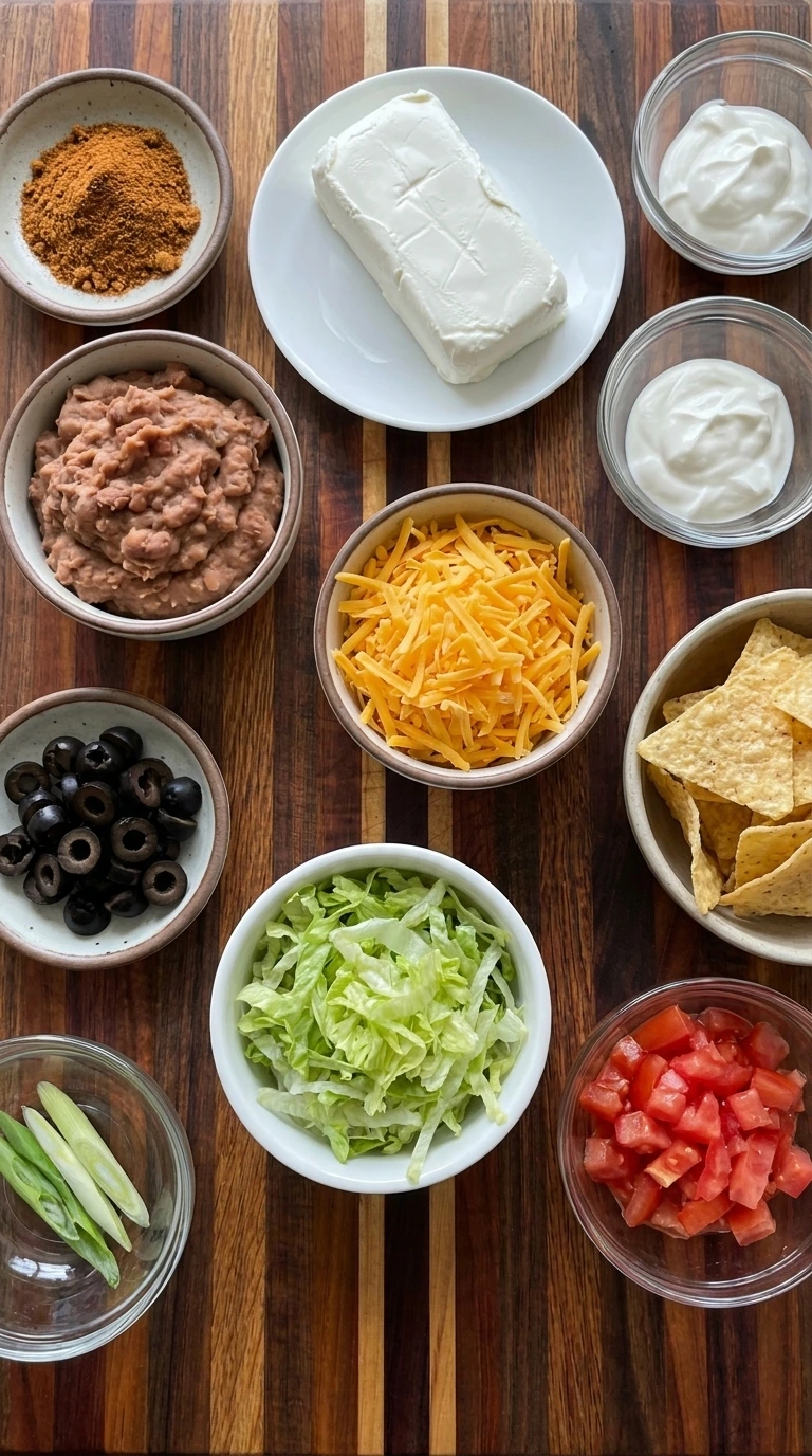 Ingredients for Spiderweb Taco Dip in separate small containers