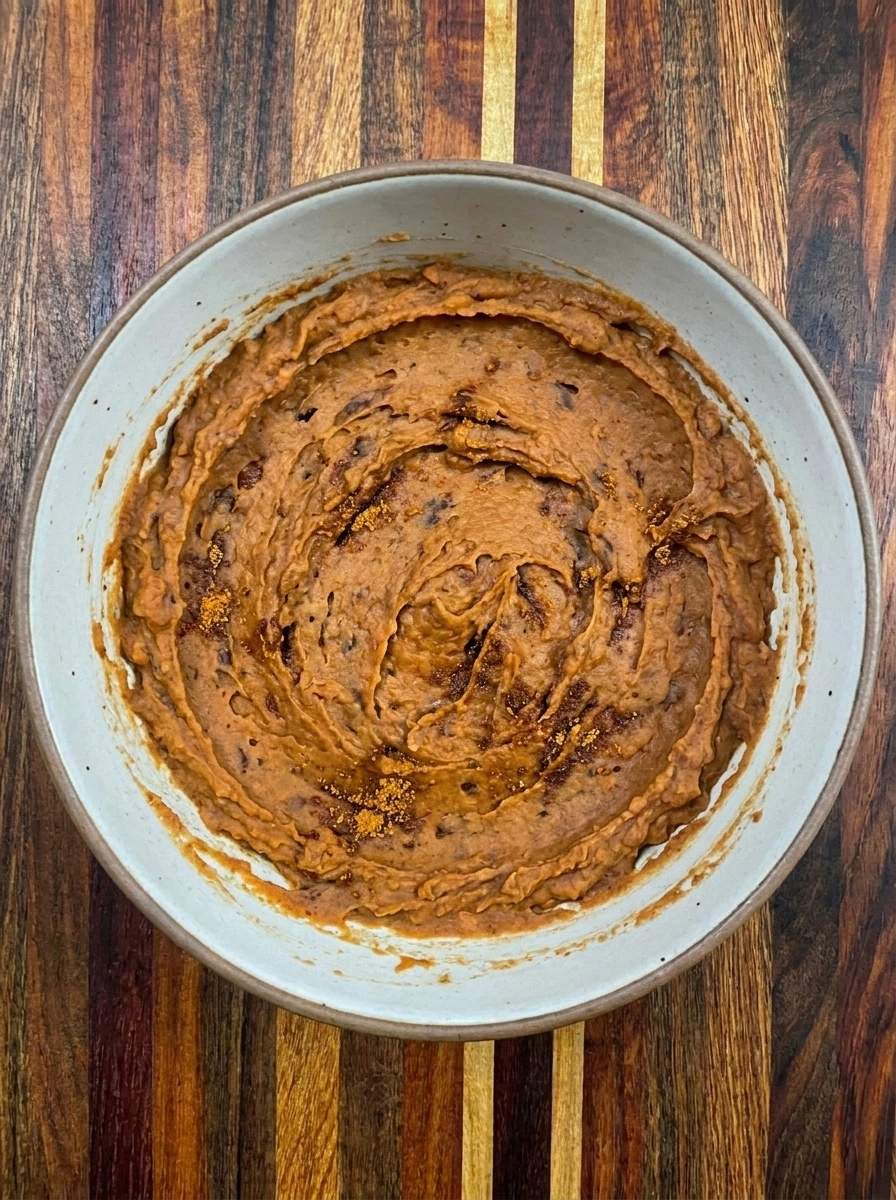 Refried beans mixed with taco seasoning for Spiderweb Taco Dip