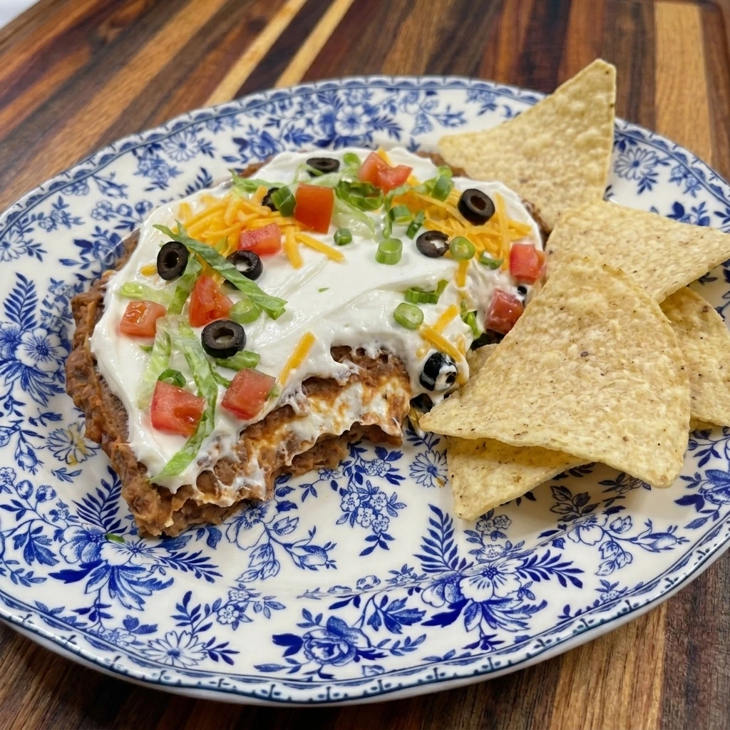 Single serving of Spiderweb Taco Dip with tortilla chips