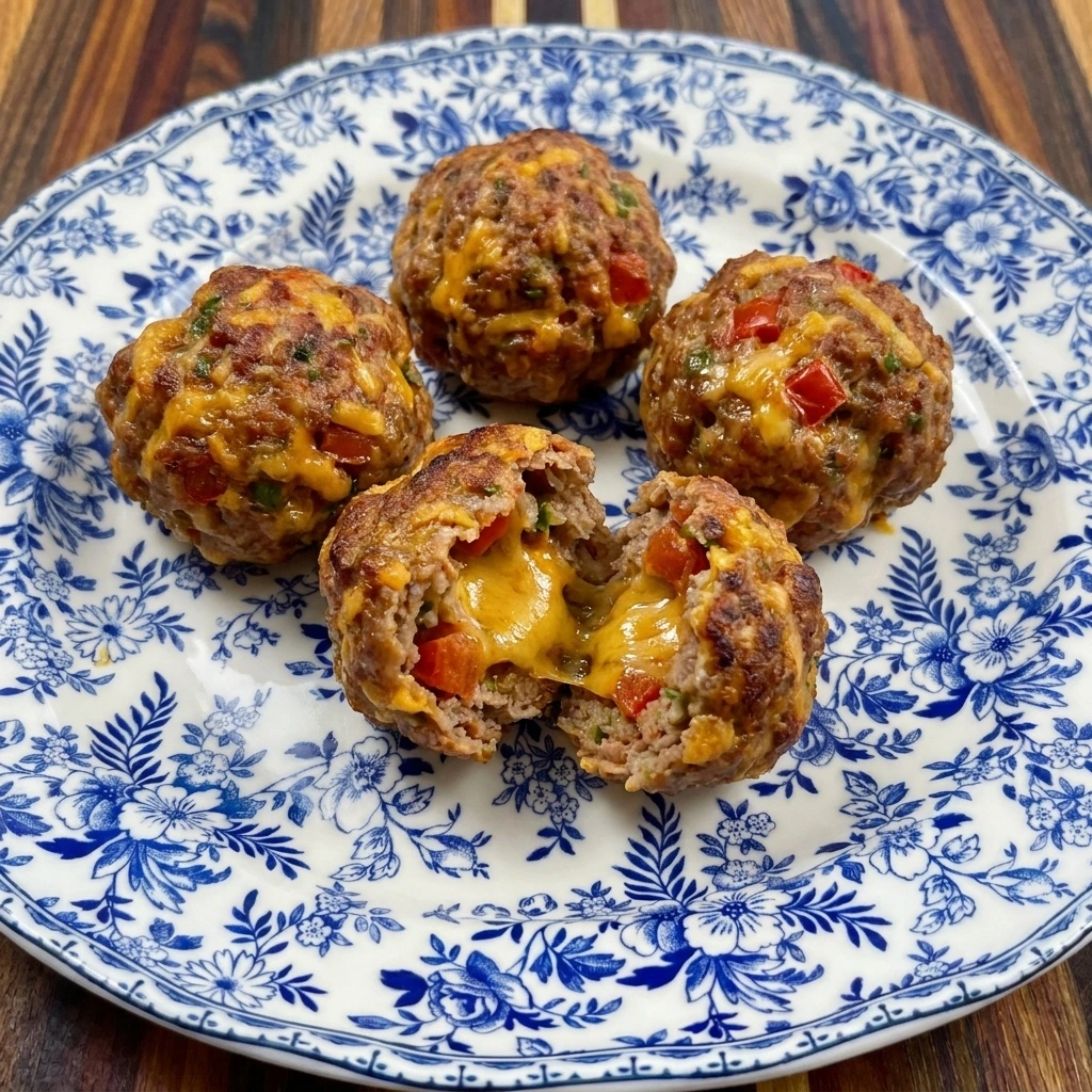 Served Tomato and Green Chile Sausage Balls with one cut open