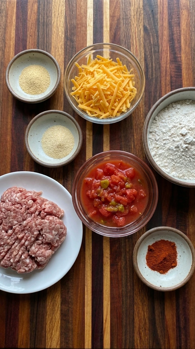 Ingredients for Tomato and Green Chile Sausage Balls in separate containers