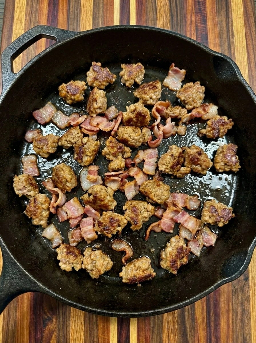 Browned Italian sausage and bacon for Zuppa Toscana