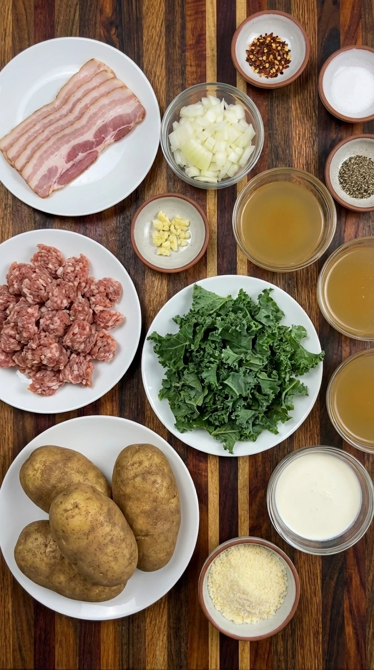 Raw ingredients for Zuppa Toscana arranged in separate containers