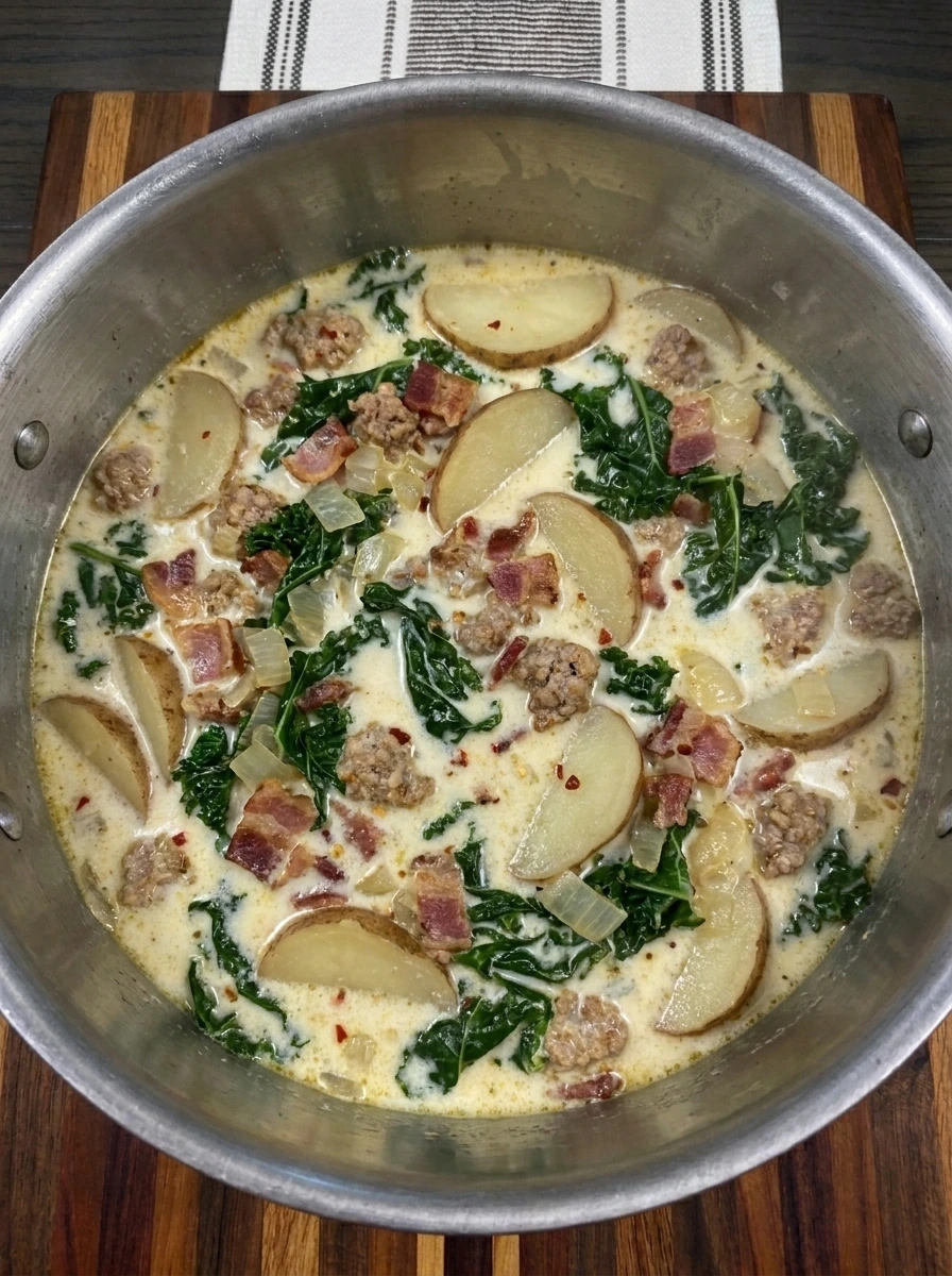 Kale and cream folded into Zuppa Toscana
