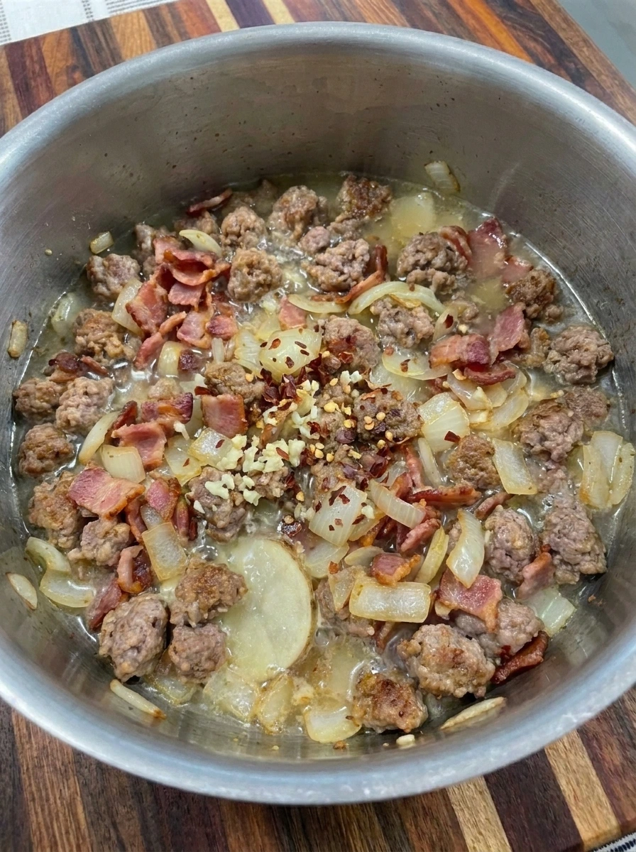Potatoes simmering with sausage in broth for Zuppa Toscana