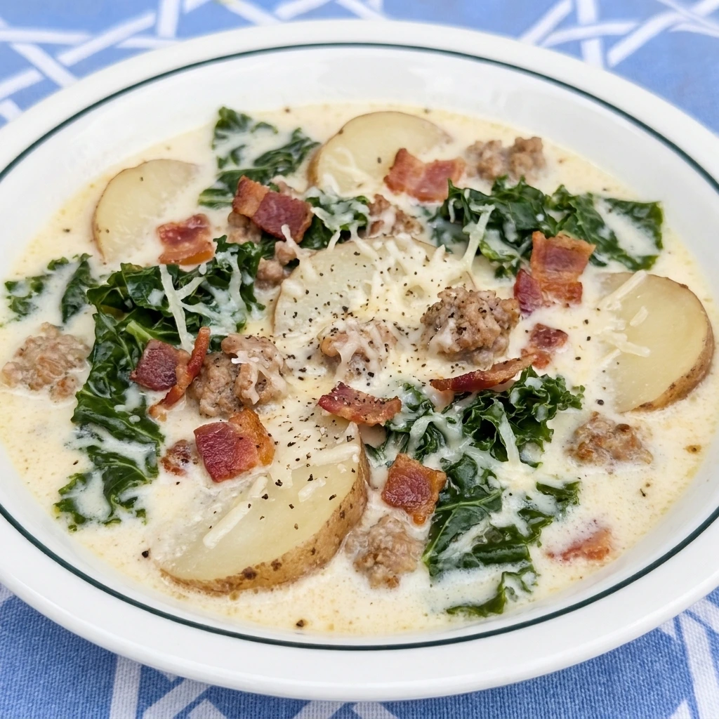 Single bowl of Zuppa Toscana finished with Parmesan