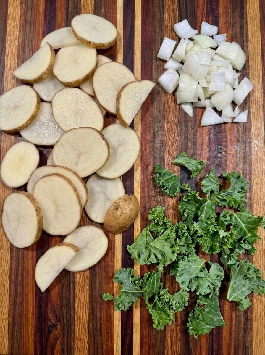 Sliced potatoes and chopped onion and torn kale for Zuppa Toscana