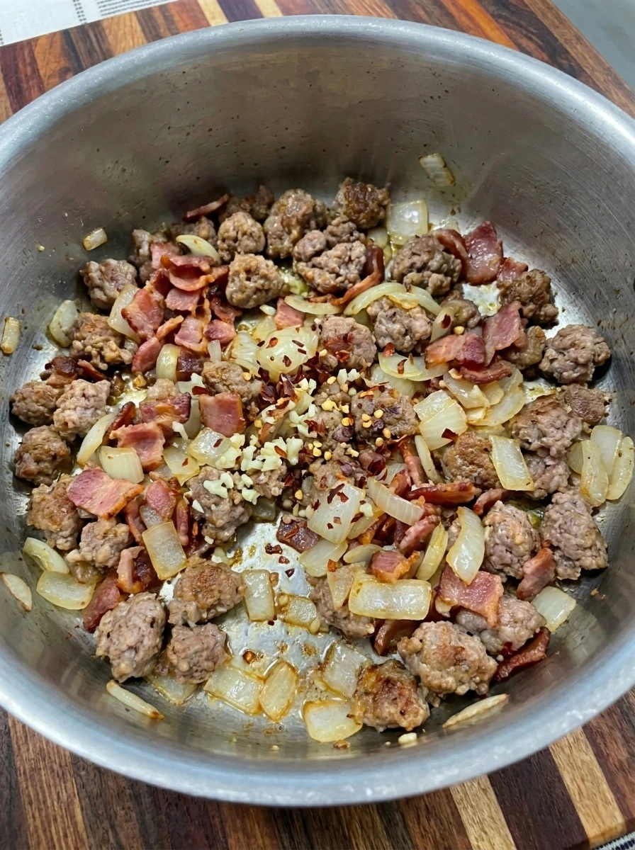 Italian sausage mixed with softened onion and garlic for Zuppa Toscana