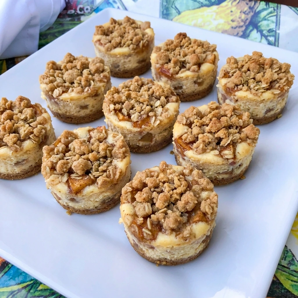 Apple Crisp Mini Cheesecakes with cinnamon apples and golden oat crumble