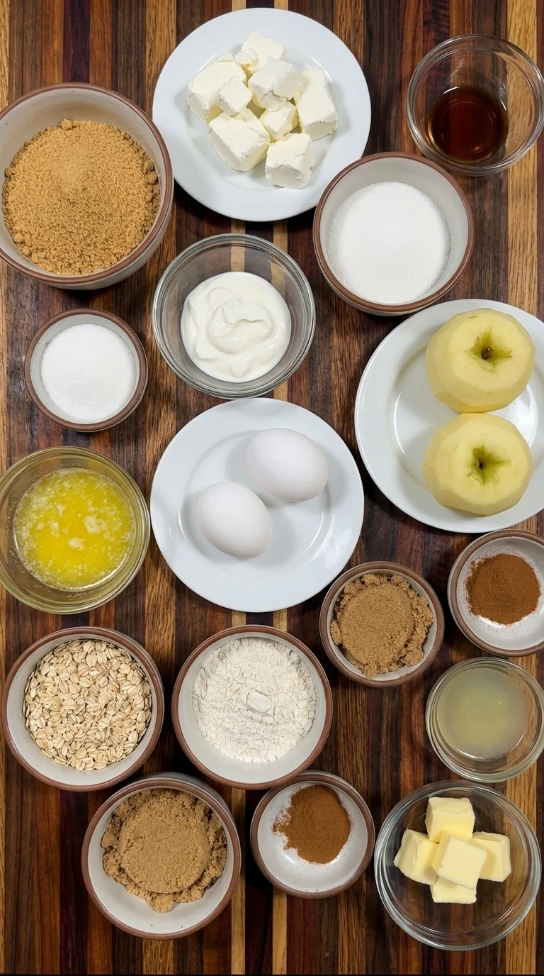 Ingredients for Apple Crisp Mini Cheesecakes in separate small containers