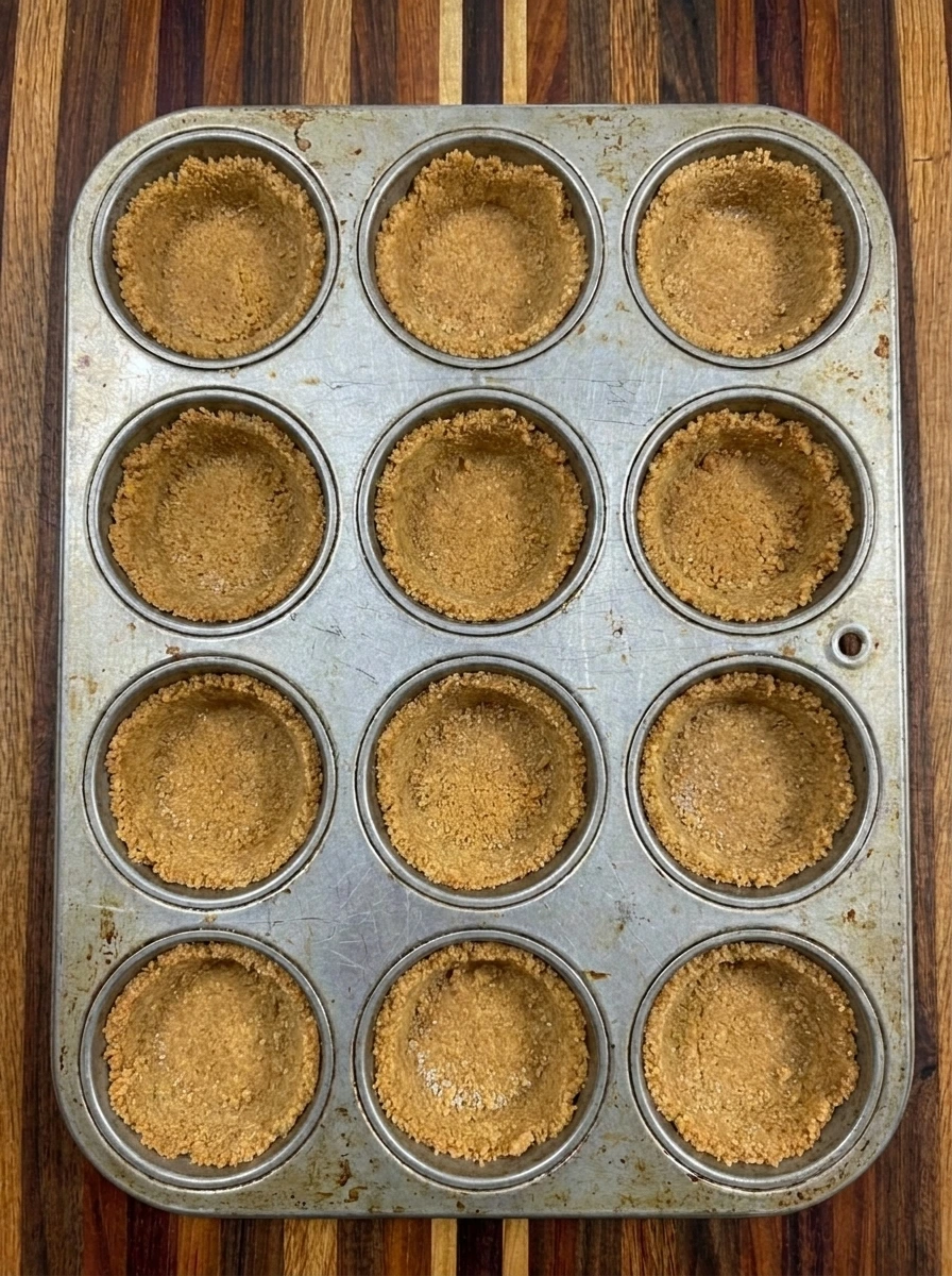 Twelve graham crusts pressed for Apple Crisp Mini Cheesecakes