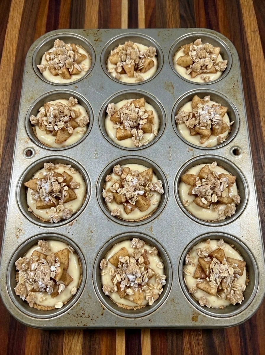 Assembled Apple Crisp Mini Cheesecakes before baking