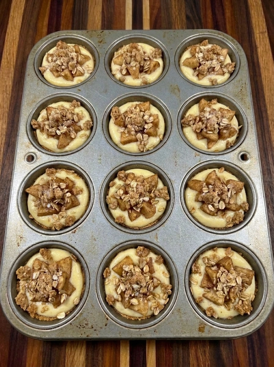 Baked Apple Crisp Mini Cheesecakes with golden oat topping
