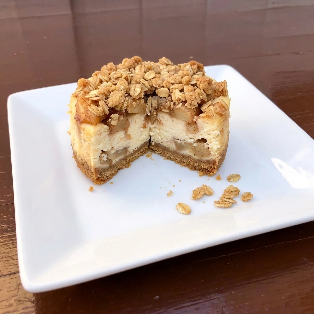 Single Apple Crisp Mini Cheesecake cut open to show layers
