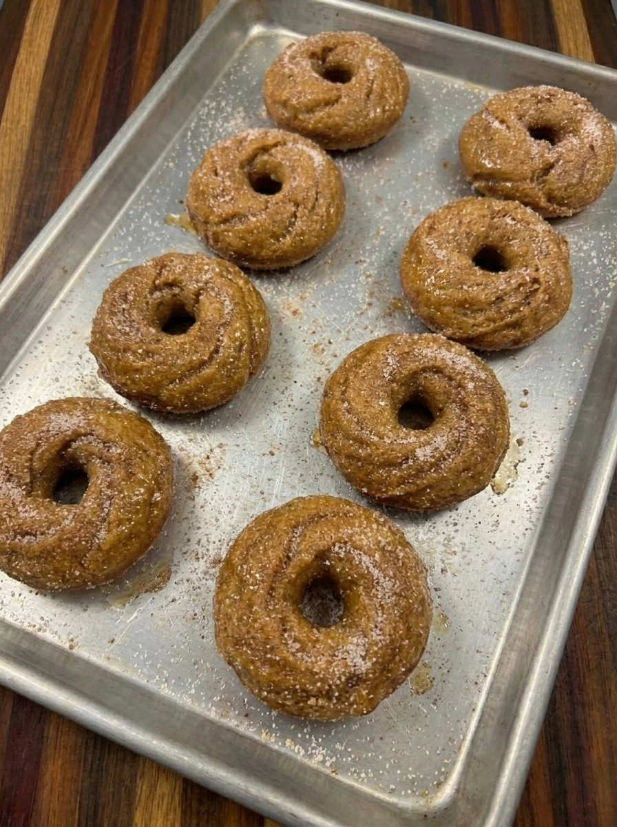 Baked Pumpkin Spice Donuts coated in cinnamon sugar