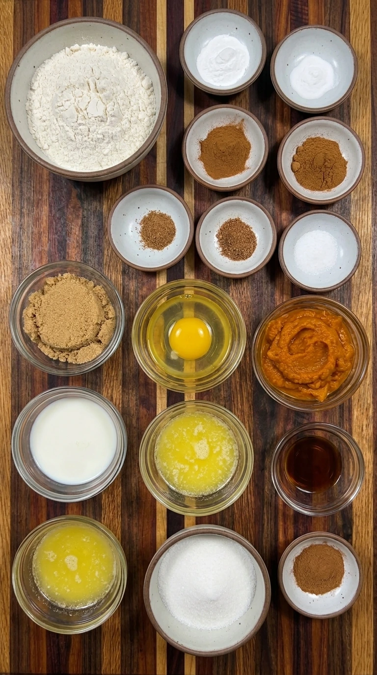 Ingredients for Baked Pumpkin Spice Donuts in separate containers