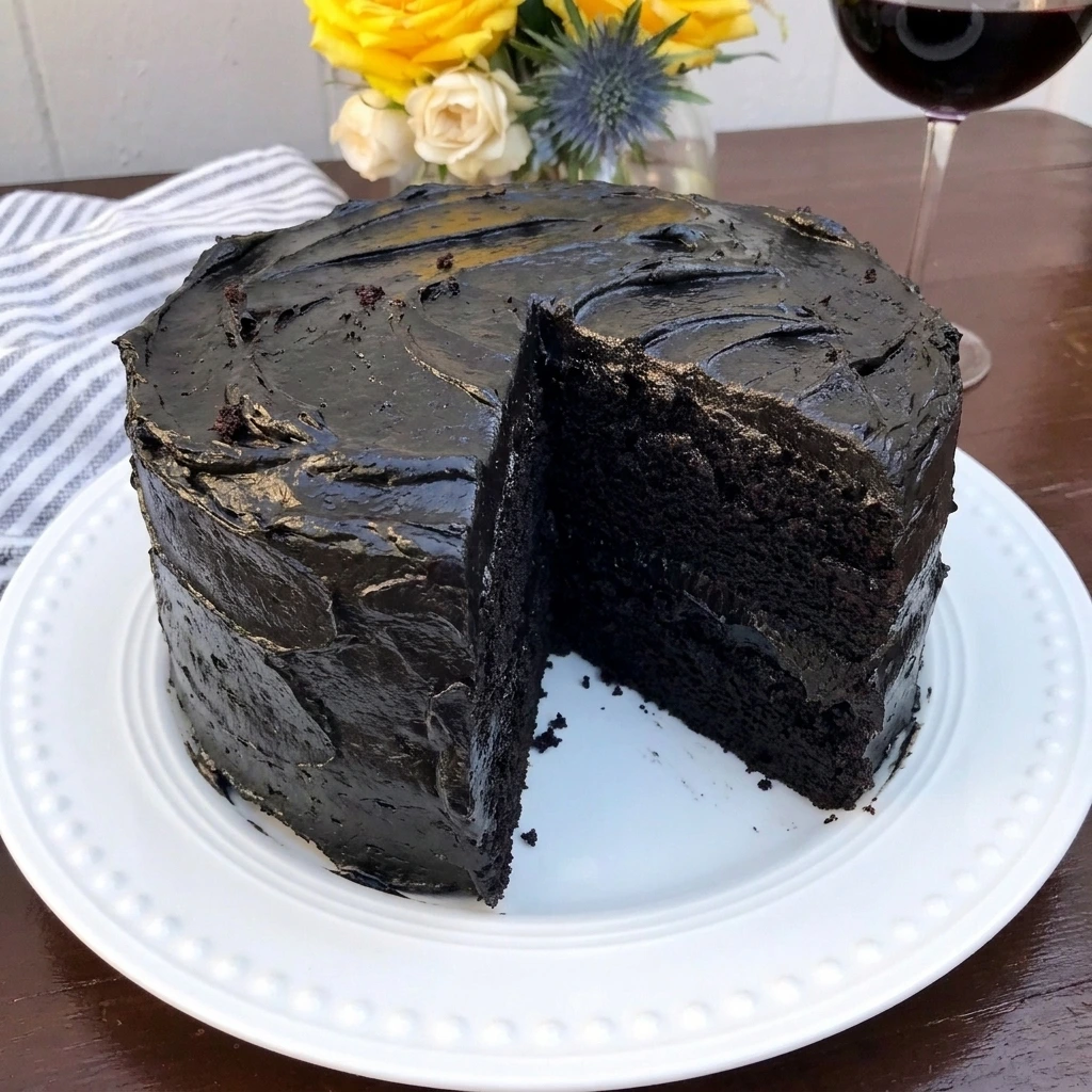 Two layer Black Velvet Cake with dark cocoa frosting and a visible tender black crumb