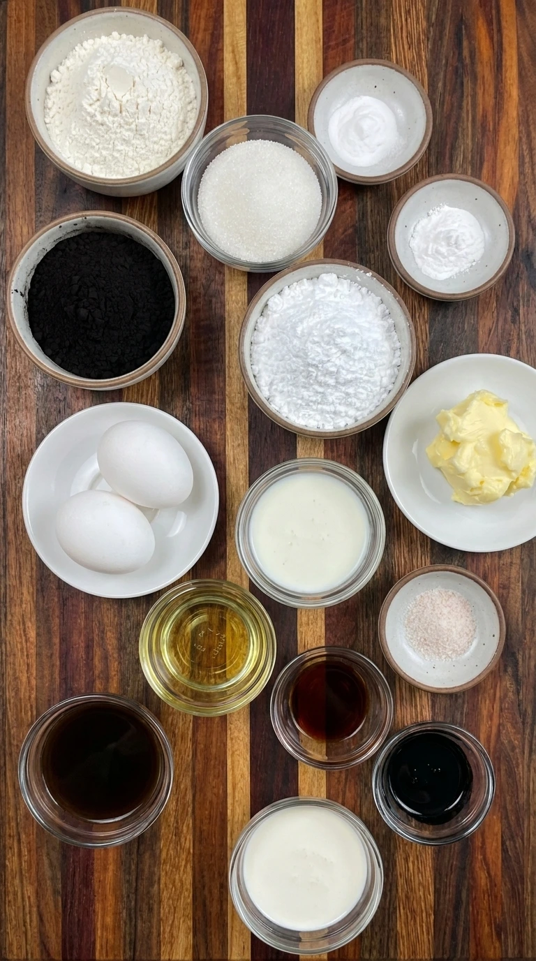 Ingredients for Black Velvet Cake arranged separately in small containers