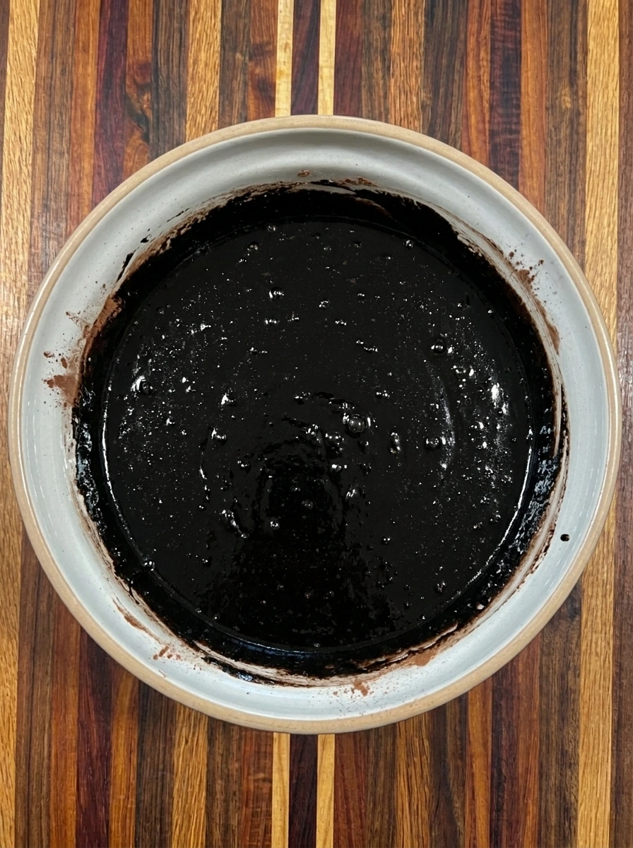 Nearly black Black Velvet Cake batter mixed until glossy