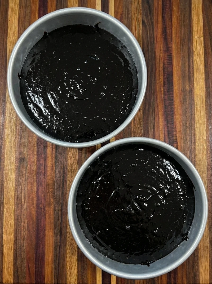 Two cake pans filled with Black Velvet Cake batter