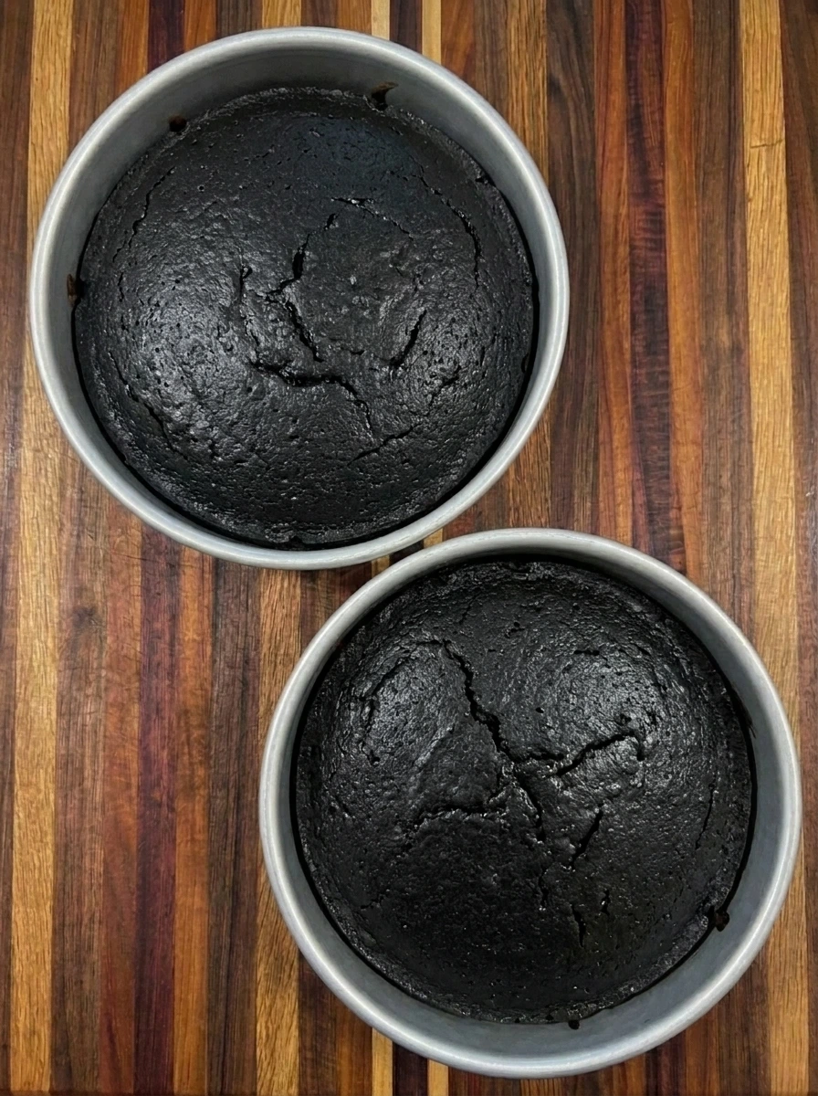 Two baked Black Velvet Cake layers with dark matte tops