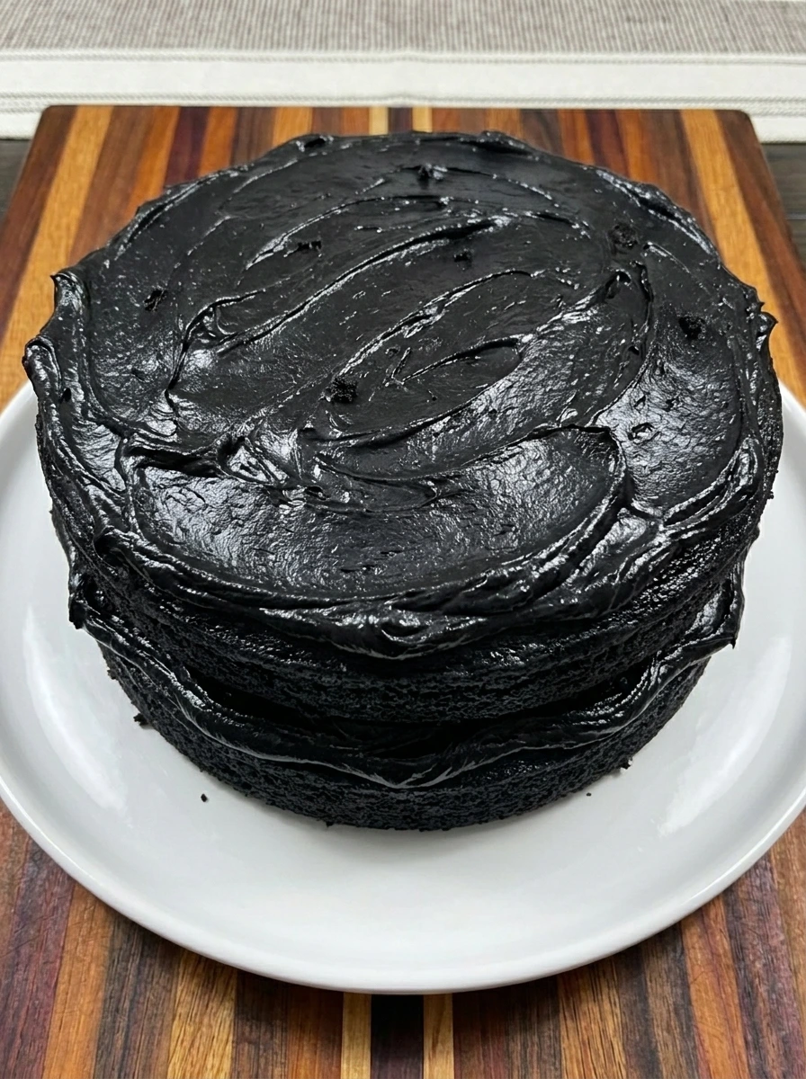 Two layer Black Velvet Cake stacked and covered with black cocoa frosting