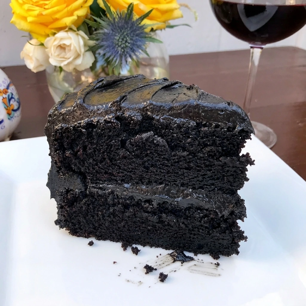 Single slice of Black Velvet Cake showing two dark layers and black cocoa frosting
