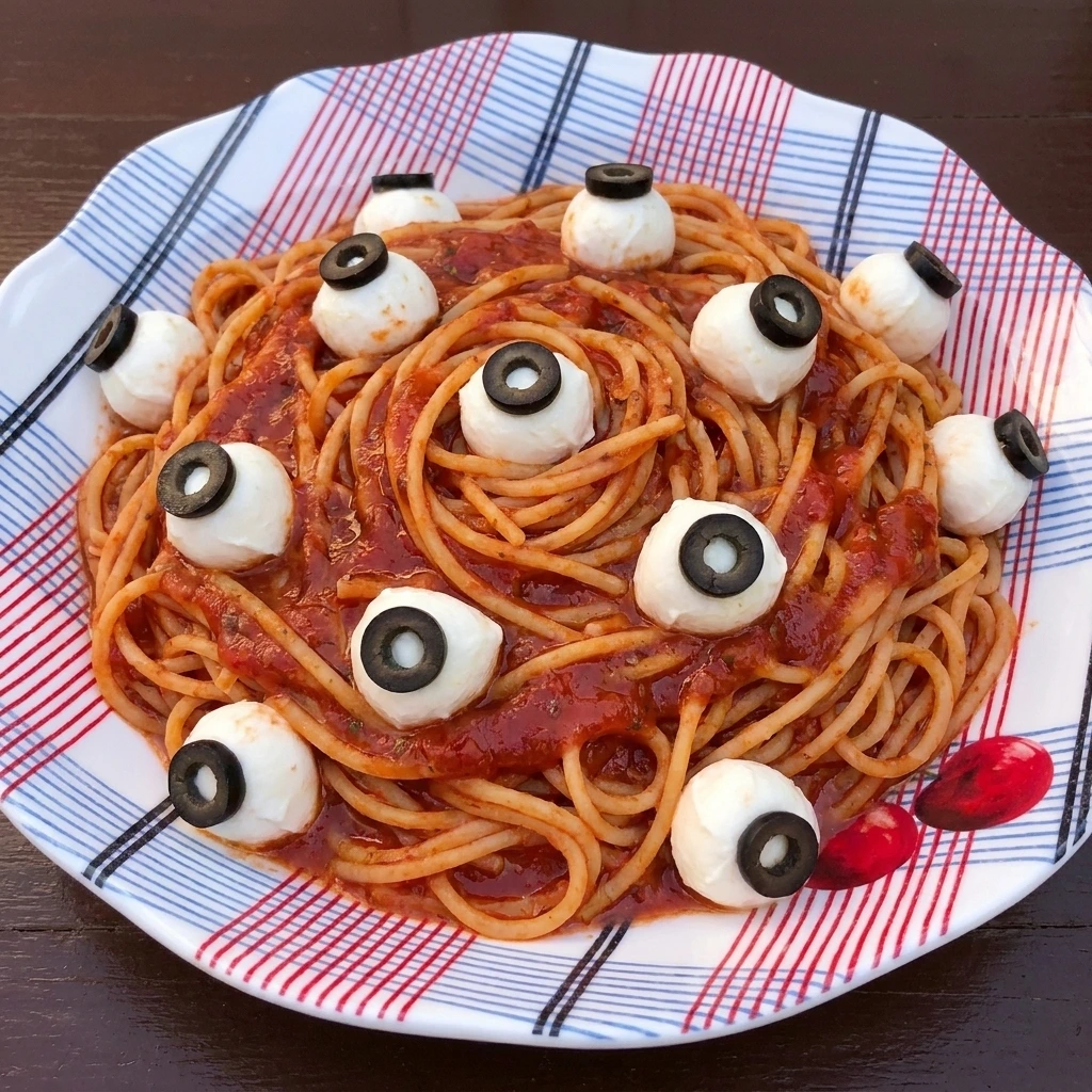 Bloody Spaghetti with Mozzarella Eyeballs in red tomato sauce