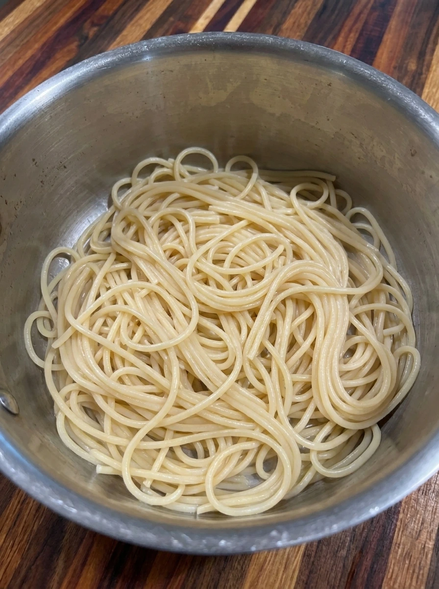 Cooked spaghetti strands for Bloody Spaghetti with Mozzarella Eyeballs