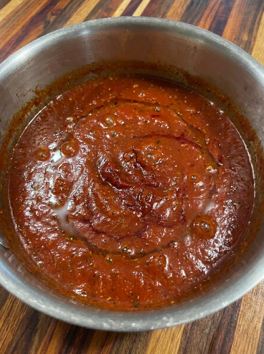 Thick red tomato sauce for Bloody Spaghetti with Mozzarella Eyeballs