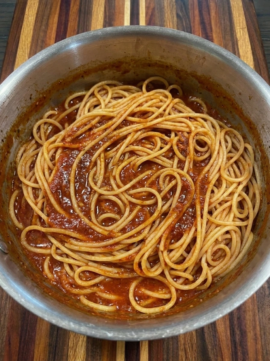 Spaghetti coated in red sauce for Bloody Spaghetti with Mozzarella Eyeballs