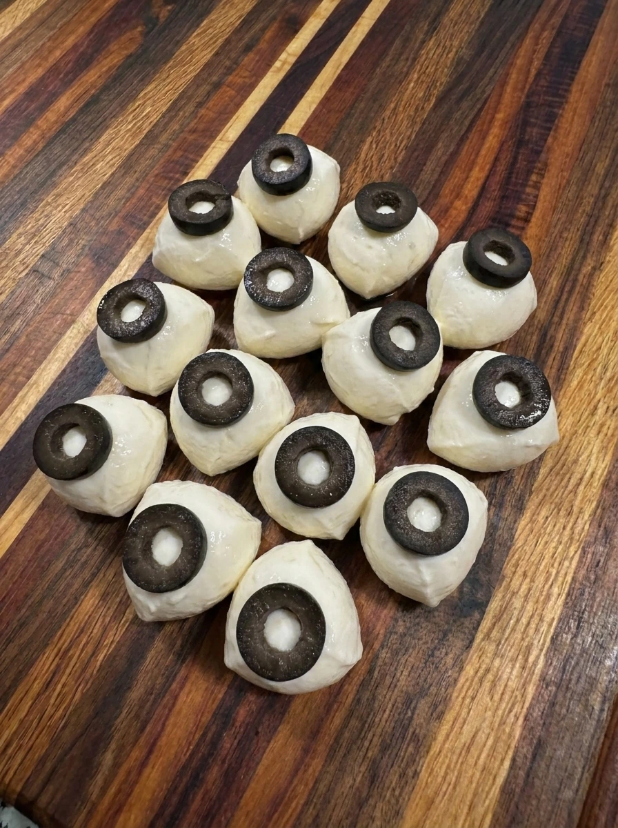 Mozzarella eyeballs with black olive pupils for Halloween spaghetti