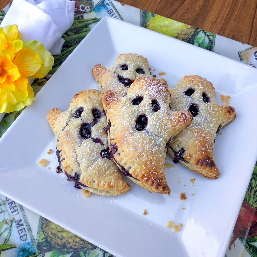 Four golden Blueberry Ghost Hand Pies with purple berry filling and ghost faces on a white plate